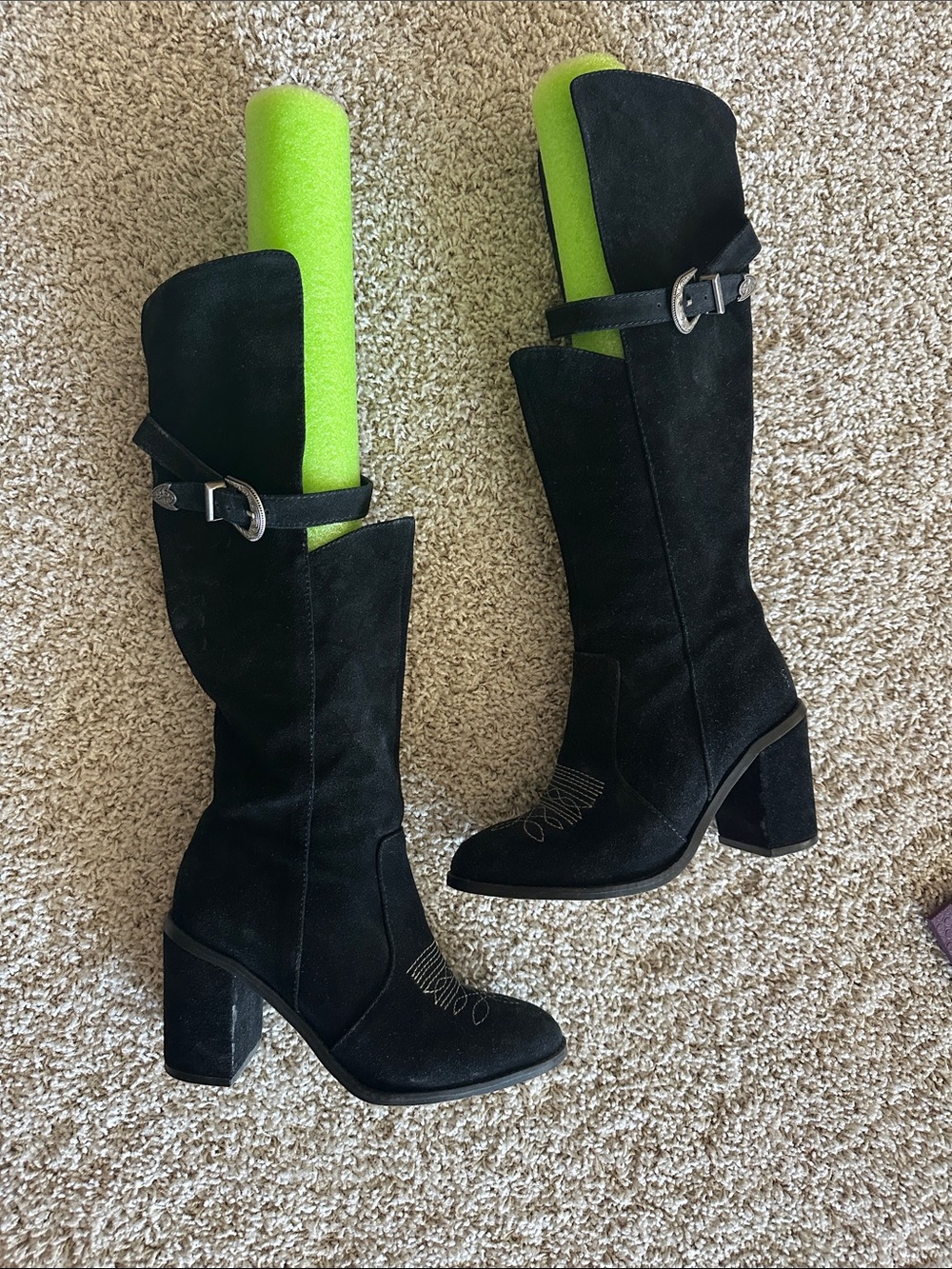 Women's Black Suede Knee-High Heeled Boots